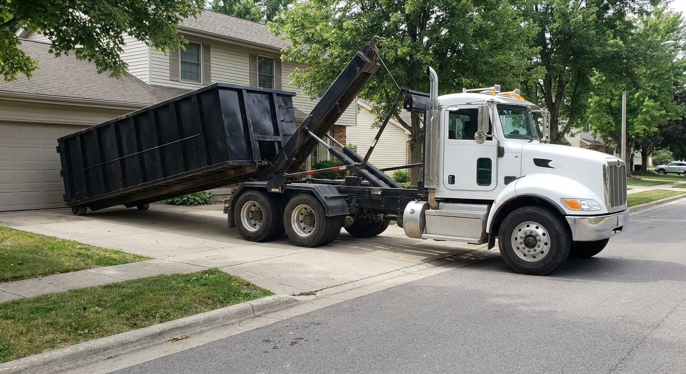 White-cab hooklift roll-off truck actively lowering a matte-black dumpster onto a Huntsville residential concrete driveway, the dumpster's rear wheels touching the driveway as the hoist arm tilts the bed forward, mid-morning daylight.